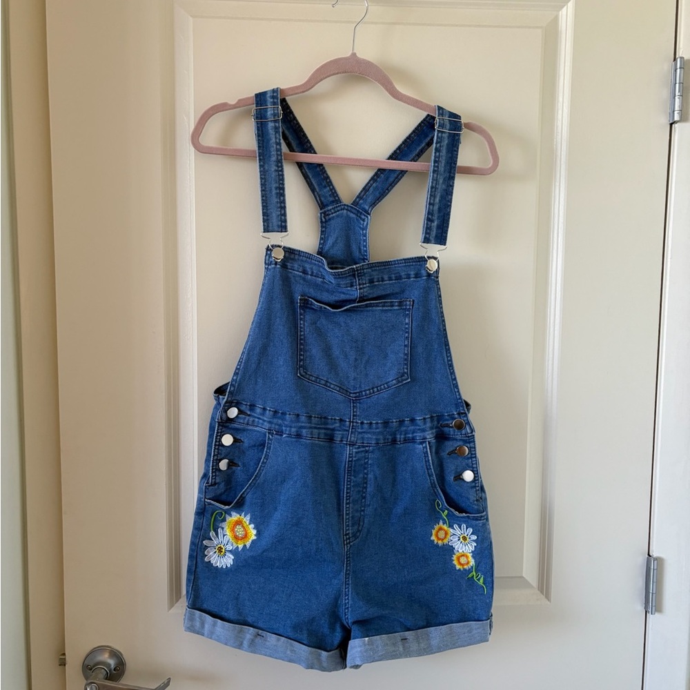 Denim Overalls with Floral Embroidery